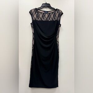 Chaps Est. 1978 Black Dress Lace Overlay Cap Sleeve Ruched Midi Classy!!!